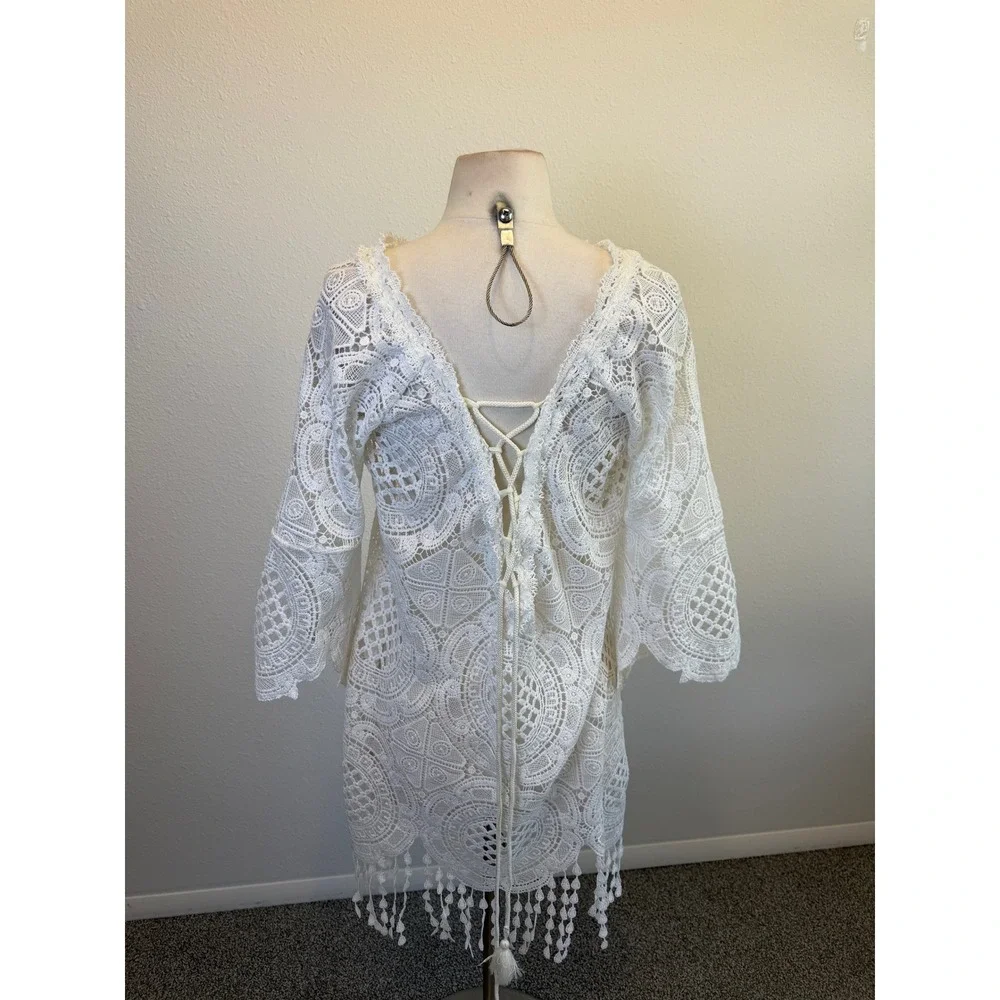Raffaela D'angelo White Lace Crochet Sheer Mini Dress Womens‎ Small Bell Sleeve